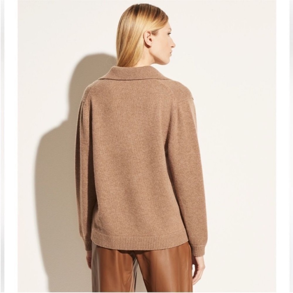 Vince Sweater Raglan Sleeve Polo Collar V-Neck in Chestnut Brown - Picture 4 of 9